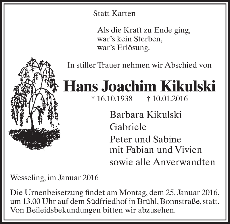  Traueranzeige für Hans Joachim Kikulski vom 20.01.2016 aus  Schlossbote/Werbekurier 