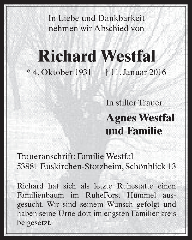  Traueranzeige für Richard Westfal vom 27.01.2016 aus 