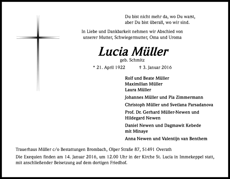  Traueranzeige für Lucia Müller vom 07.01.2016 aus Kölner Stadt-Anzeiger / Kölnische Rundschau / Express