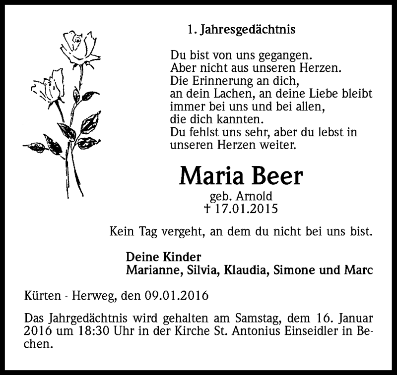  Traueranzeige für Maria Beer vom 09.01.2016 aus Kölner Stadt-Anzeiger / Kölnische Rundschau / Express