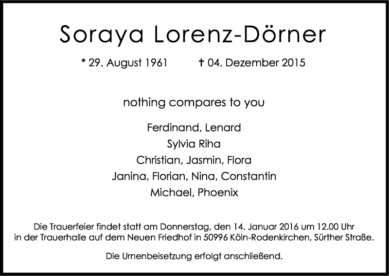  Traueranzeige für Soraya Lorenz-Dörner vom 09.01.2016 aus Kölner Stadt-Anzeiger / Kölnische Rundschau / Express