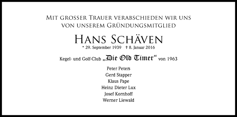  Traueranzeige für Hans Schäven vom 16.01.2016 aus Kölner Stadt-Anzeiger / Kölnische Rundschau / Express