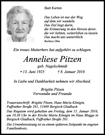 Anzeige von Anneliese Pitzen von Kölner Stadt-Anzeiger / Kölnische Rundschau / Express