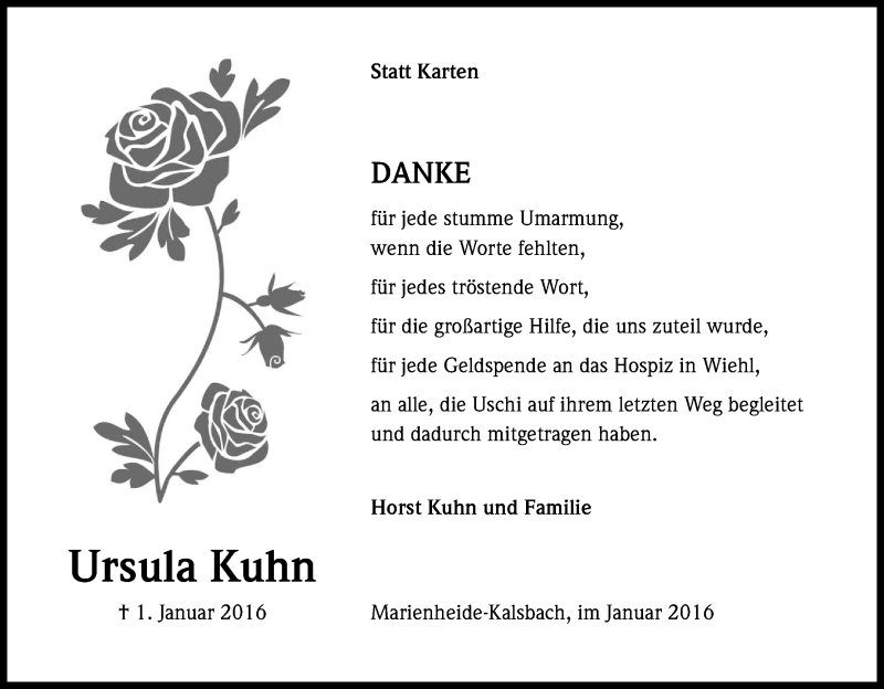  Traueranzeige für Ursula Kuhn vom 30.01.2016 aus Kölner Stadt-Anzeiger / Kölnische Rundschau / Express