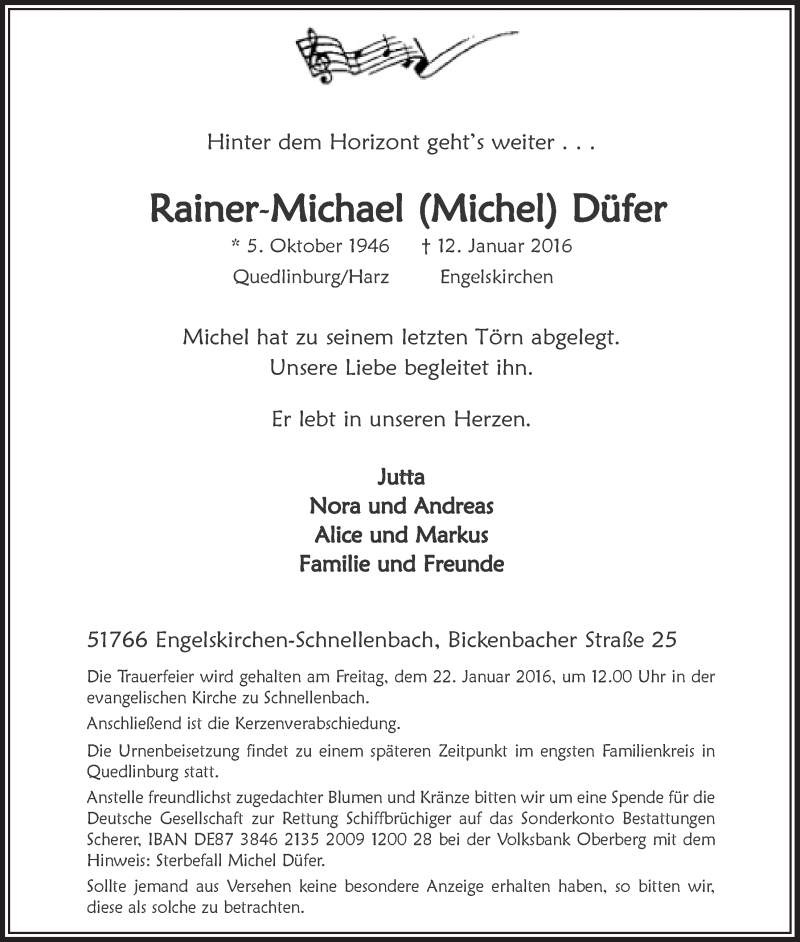  Traueranzeige für Rainer-Michael Düfer vom 20.01.2016 aus  Anzeigen Echo 