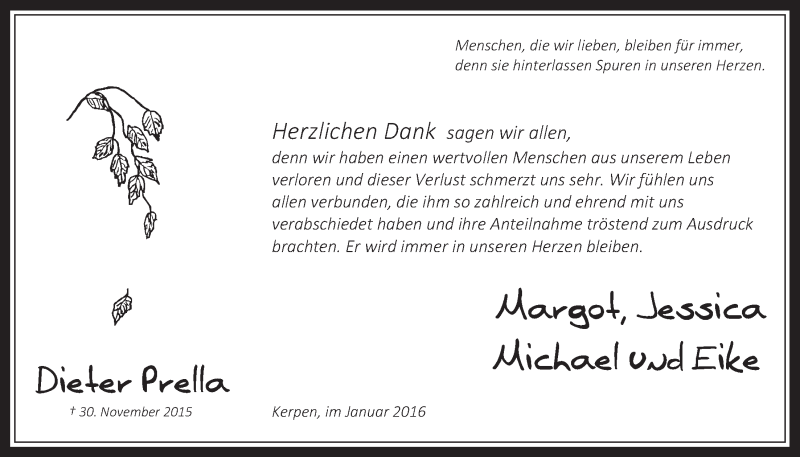  Traueranzeige für Dieter Prella vom 13.01.2016 aus  Werbepost 