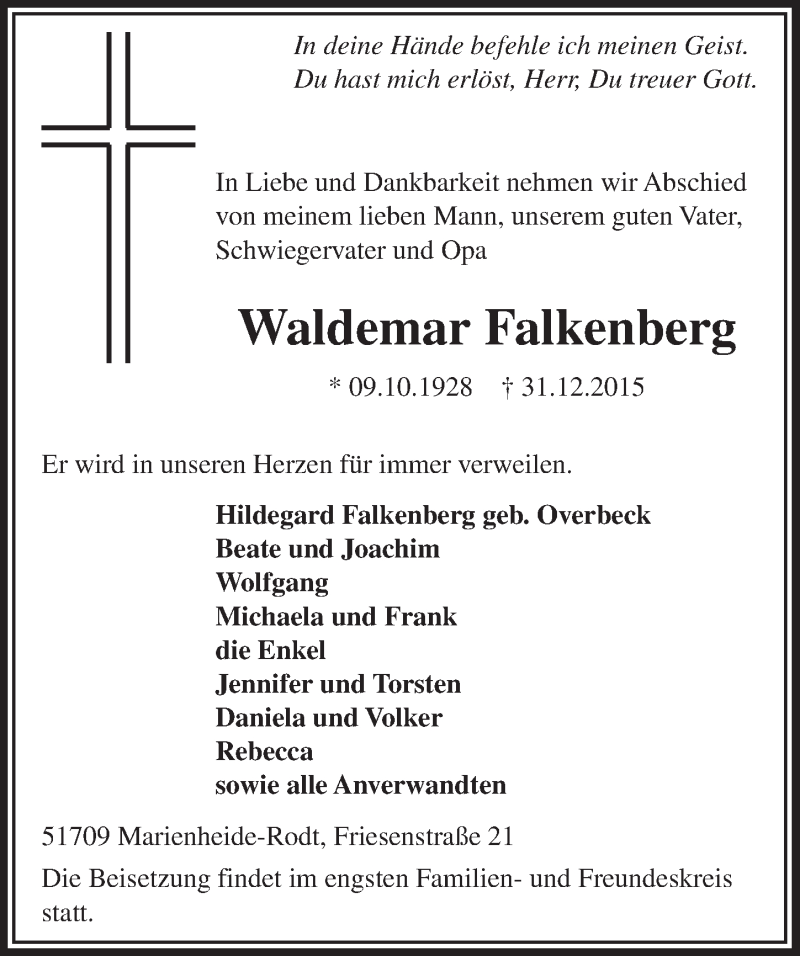  Traueranzeige für Waldemar Falkenberg vom 06.01.2016 aus  Anzeigen Echo 