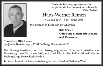 Anzeige von Hans-Werner Remen von  Sonntags-Post 