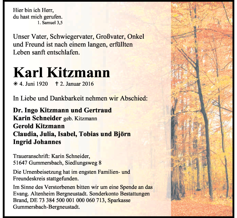  Traueranzeige für Karl Kitzmann vom 16.01.2016 aus Kölner Stadt-Anzeiger / Kölnische Rundschau / Express