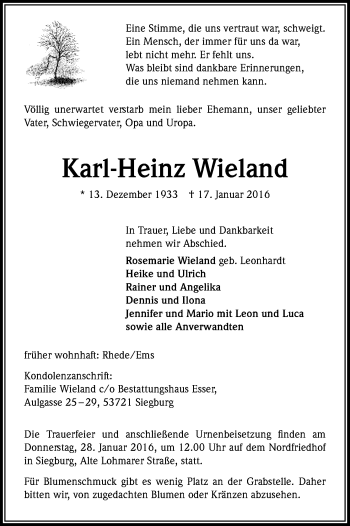 Anzeige von Karl-Heinz Wieland von Kölner Stadt-Anzeiger / Kölnische Rundschau / Express