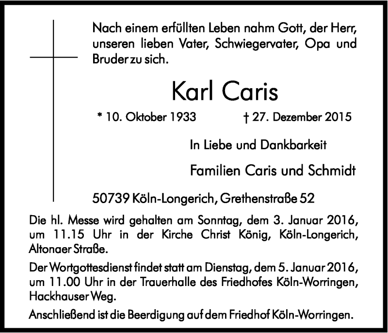  Traueranzeige für Karl Caris vom 02.01.2016 aus Kölner Stadt-Anzeiger / Kölnische Rundschau / Express