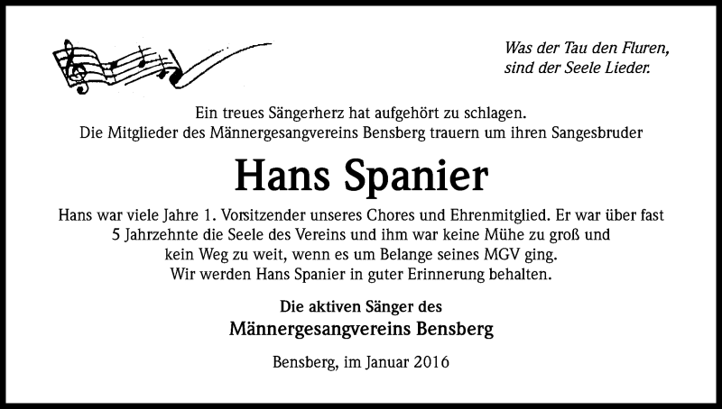  Traueranzeige für Hans Spanier vom 27.01.2016 aus Kölner Stadt-Anzeiger / Kölnische Rundschau / Express