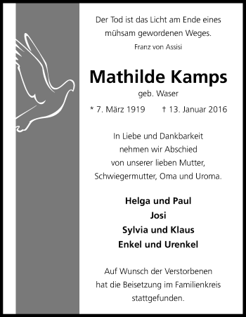 Anzeige von Mathilde Kamps von Kölner Stadt-Anzeiger / Kölnische Rundschau / Express