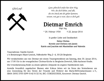 Anzeige von Dietmar Emrich von Kölner Stadt-Anzeiger / Kölnische Rundschau / Express