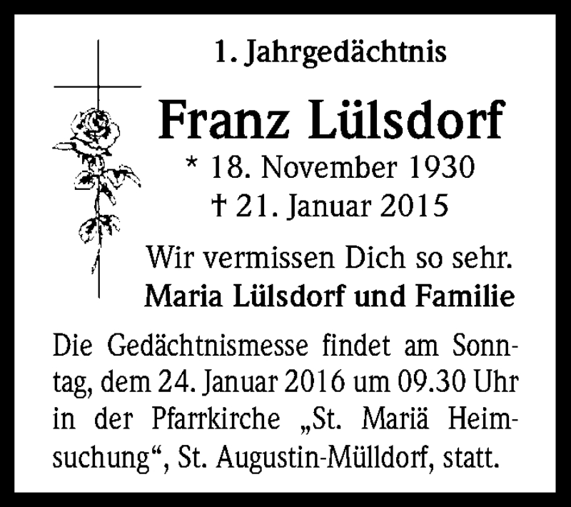  Traueranzeige für Franz Lülsdorf vom 21.01.2016 aus Kölner Stadt-Anzeiger / Kölnische Rundschau / Express