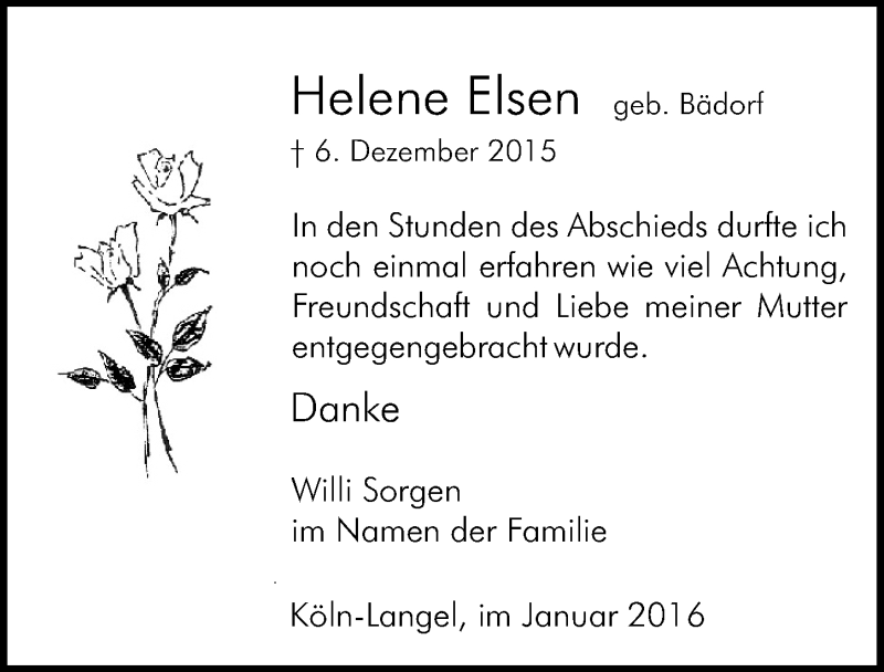 Traueranzeige für Helene Elsen vom 13.01.2016 aus  Kölner Wochenspiegel 