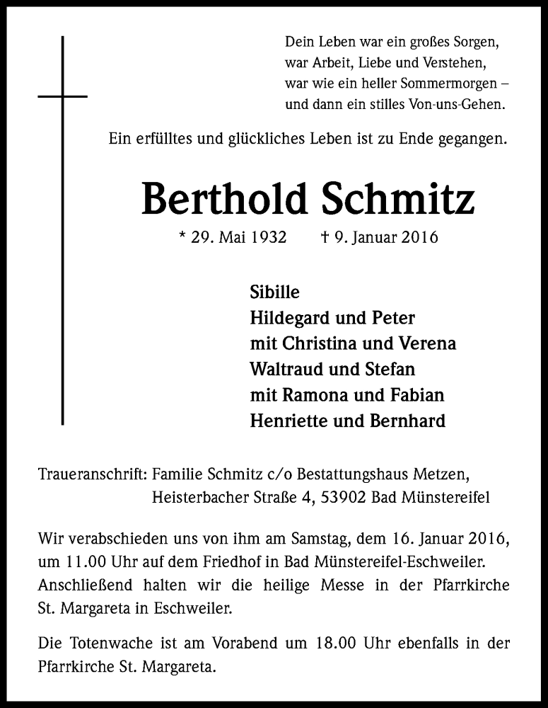  Traueranzeige für Berthold Schmitz vom 14.01.2016 aus Kölner Stadt-Anzeiger / Kölnische Rundschau / Express
