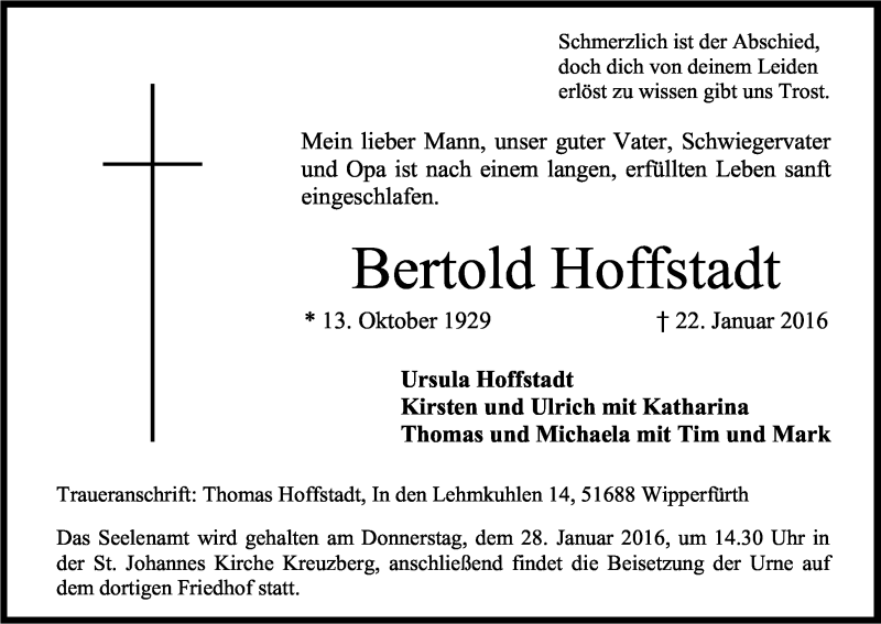  Traueranzeige für Bertold Hoffstadt vom 26.01.2016 aus Kölner Stadt-Anzeiger / Kölnische Rundschau / Express