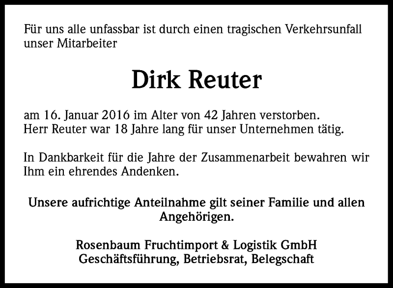  Traueranzeige für Dirk Reuter vom 23.01.2016 aus Kölner Stadt-Anzeiger / Kölnische Rundschau / Express