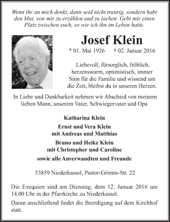 Anzeige von Josef Klein von  Extra Blatt 