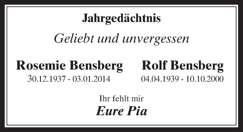  Traueranzeige für Rosemie und Rolf Bensberg vom 02.01.2016 aus  Sonntags-Post 