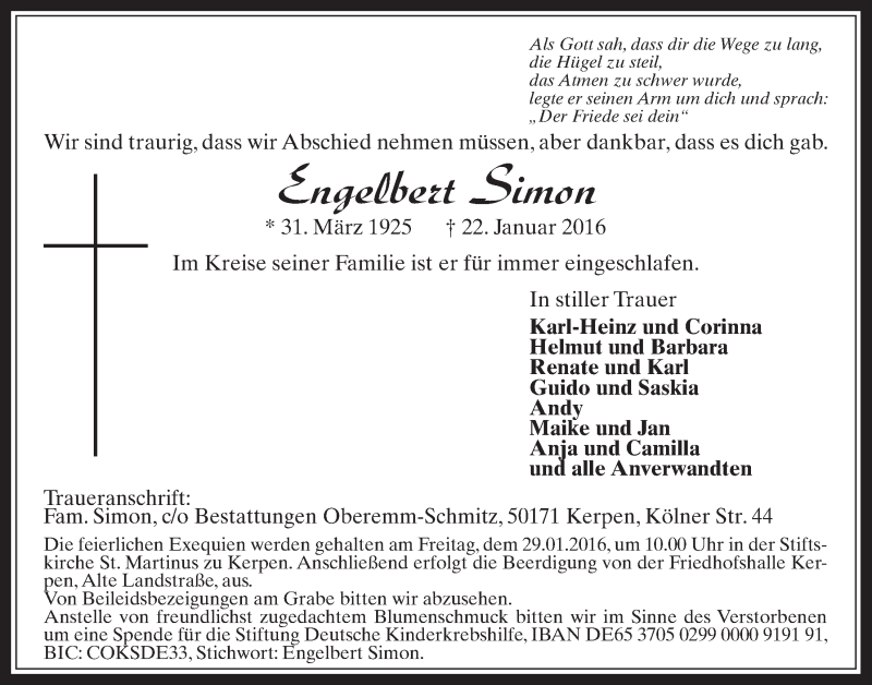  Traueranzeige für Engelbert Simon vom 27.01.2016 aus  Werbepost 