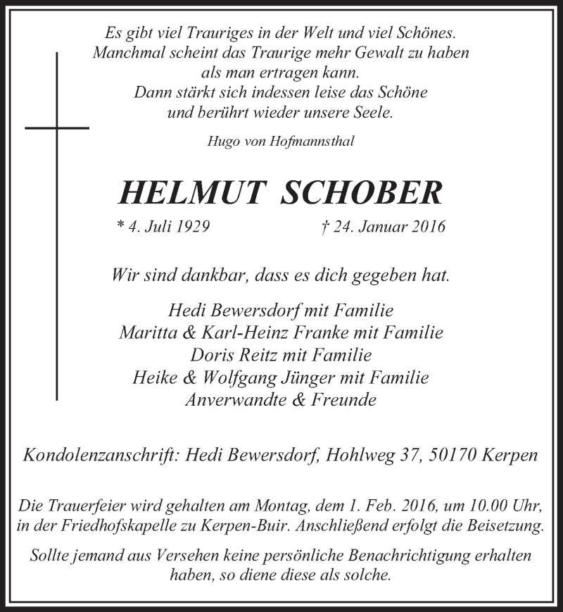  Traueranzeige für Hemut Schober vom 30.01.2016 aus  Sonntags-Post 