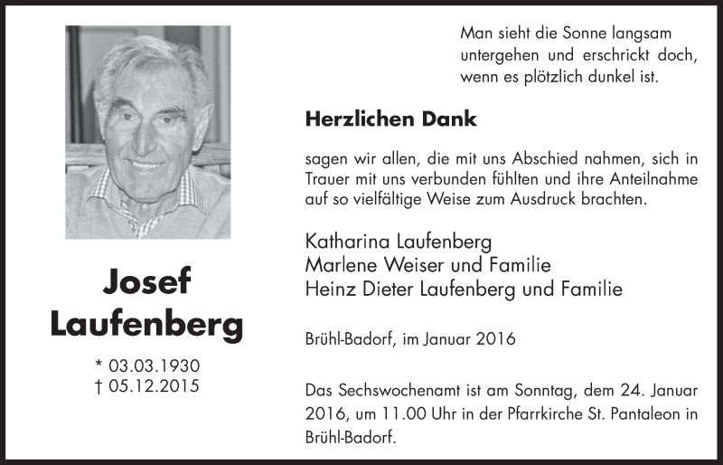  Traueranzeige für Josef Laufenberg vom 13.01.2016 aus  Schlossbote/Werbekurier 