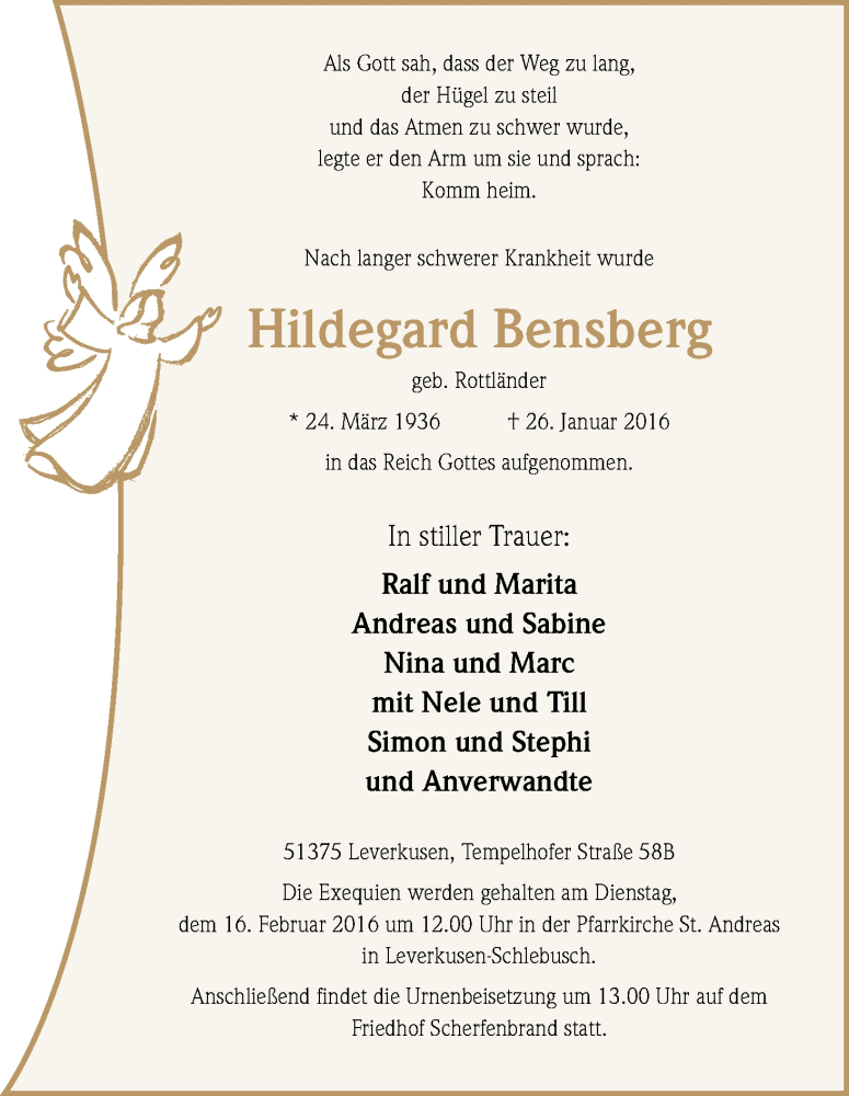  Traueranzeige für Hildegard Bensberg vom 30.01.2016 aus Kölner Stadt-Anzeiger / Kölnische Rundschau / Express