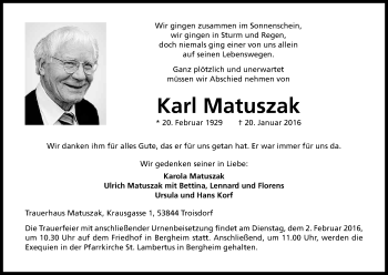 Anzeige von AZKarl Matuszak von Kölner Stadt-Anzeiger / Kölnische Rundschau / Express