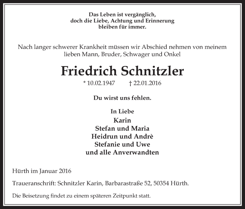  Traueranzeige für Friedrich Schnitzler vom 27.01.2016 aus  Wochenende 