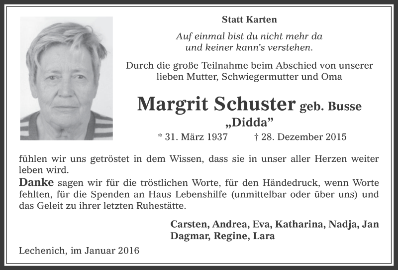  Traueranzeige für Margrit Schuster vom 27.01.2016 aus  Werbepost 