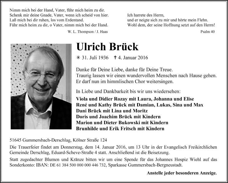  Traueranzeige für Ulrich Brück vom 13.01.2016 aus  Anzeigen Echo 