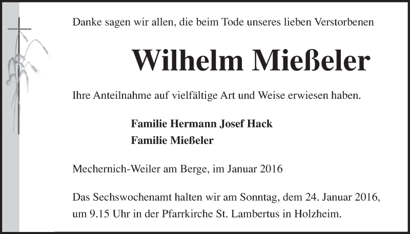  Traueranzeige für Wilhelm Mießeler vom 17.01.2016 aus  Blickpunkt Euskirchen 