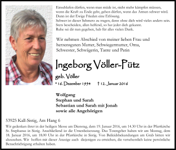 Anzeige von Ingeborg Völler-Pütz von Kölner Stadt-Anzeiger / Kölnische Rundschau / Express