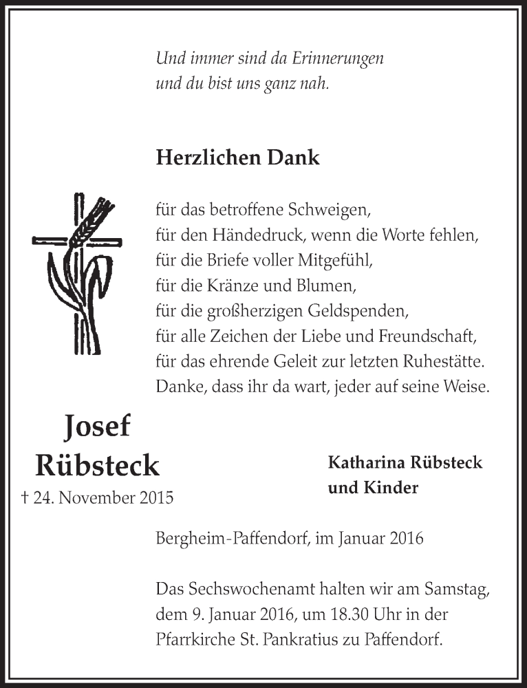  Traueranzeige für Josef Rübsteck vom 02.01.2016 aus  Sonntags-Post 