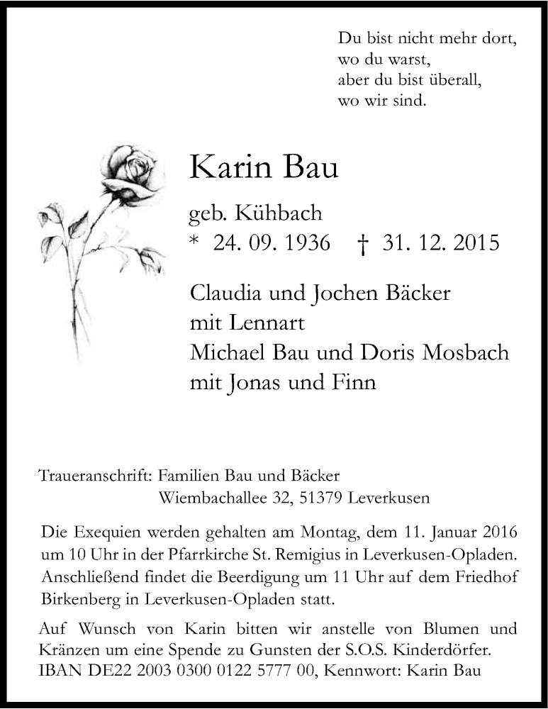  Traueranzeige für Karin Bau vom 06.01.2016 aus Kölner Stadt-Anzeiger / Kölnische Rundschau / Express