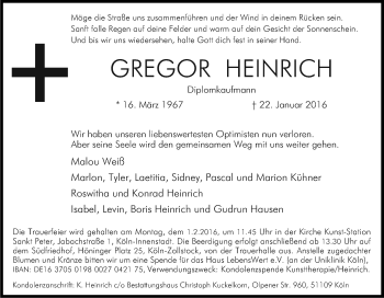 Anzeige von Gregor Heinrich von Kölner Stadt-Anzeiger / Kölnische Rundschau / Express