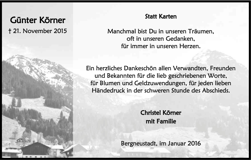  Traueranzeige für Günter Körner vom 09.01.2016 aus Kölner Stadt-Anzeiger / Kölnische Rundschau / Express