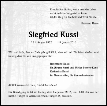 Anzeige von Siegfried Kussi von Kölner Stadt-Anzeiger / Kölnische Rundschau / Express