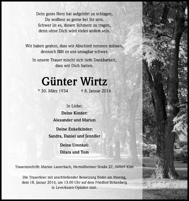  Traueranzeige für Günter Wirtz vom 14.01.2016 aus Kölner Stadt-Anzeiger / Kölnische Rundschau / Express