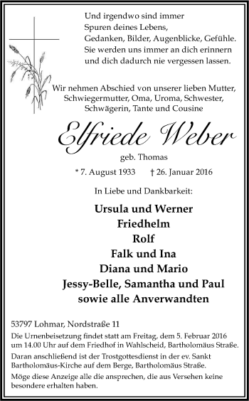 Anzeige von Elfriede Weber von Kölner Stadt-Anzeiger / Kölnische Rundschau / Express