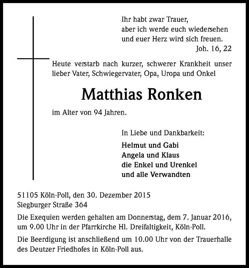  Traueranzeige für Matthias Ronken vom 02.01.2016 aus Kölner Stadt-Anzeiger / Kölnische Rundschau / Express