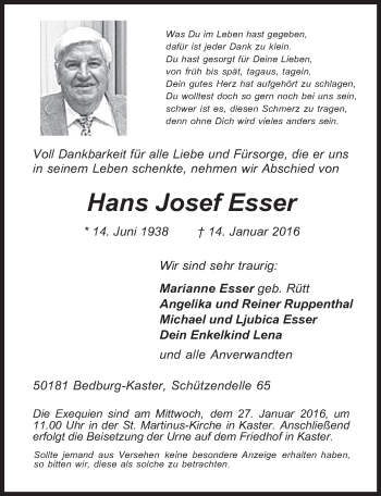 Anzeige von Hans Josef Esser von  Werbepost 