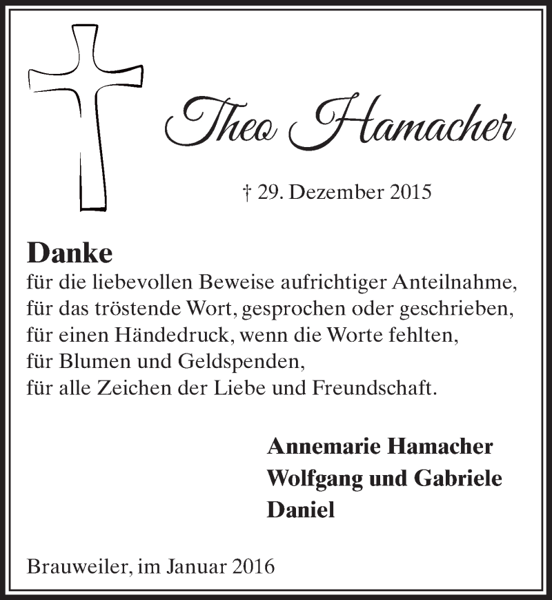  Traueranzeige für Theo Hamacher vom 30.01.2016 aus  Sonntags-Post 