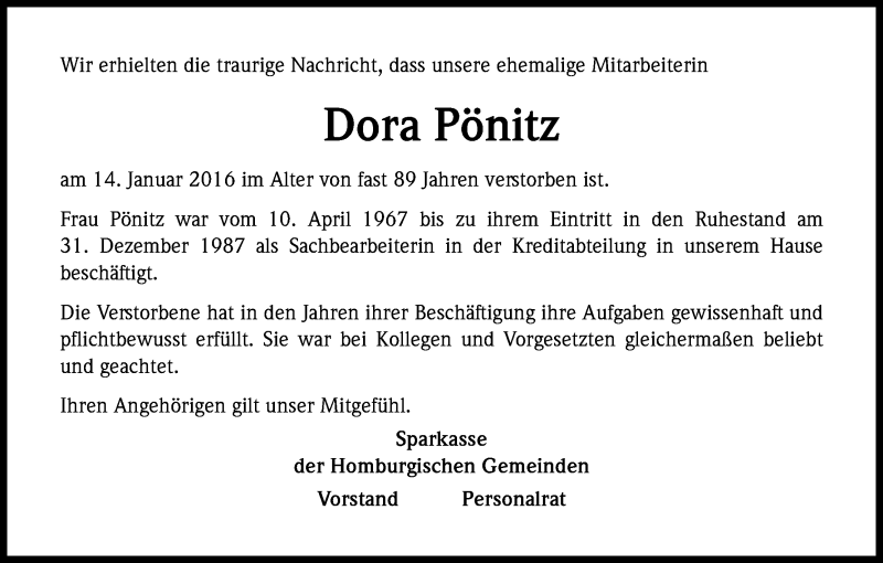  Traueranzeige für Dora Pönitz vom 21.01.2016 aus Kölner Stadt-Anzeiger / Kölnische Rundschau / Express