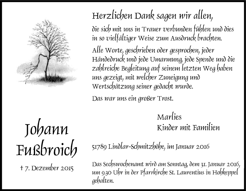  Traueranzeige für Johann Fußbroich vom 23.01.2016 aus Kölner Stadt-Anzeiger / Kölnische Rundschau / Express