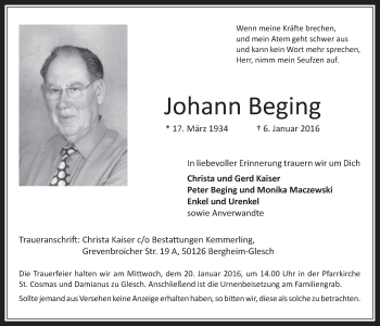 Anzeige von Johann Beging von  Werbepost 
