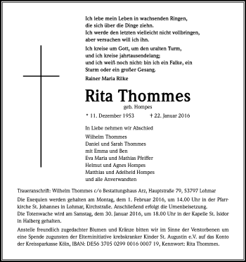 Anzeige von Rita Thommes von Kölner Stadt-Anzeiger / Kölnische Rundschau / Express