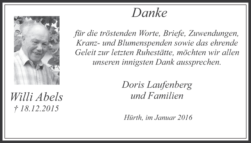  Traueranzeige für Willi Abels vom 20.01.2016 aus  Wochenende 